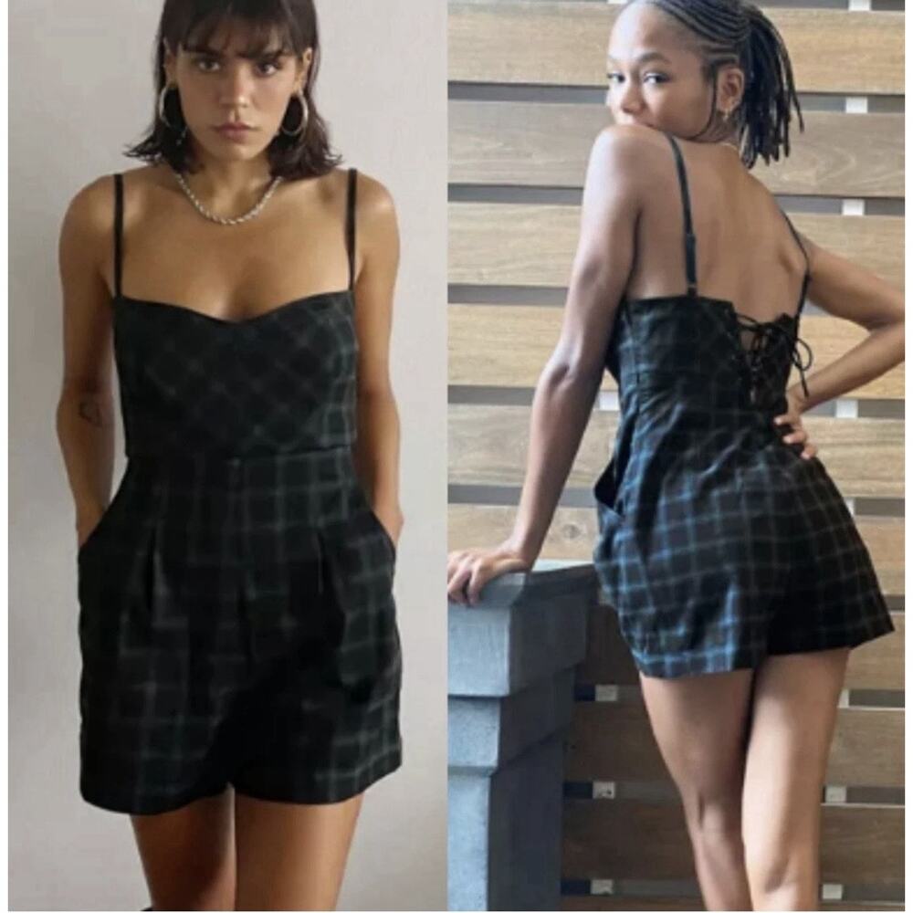 Urban Outfitters Black Plaid Lace-Up Back Romper